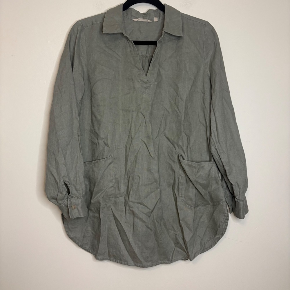 Soft Surroundings Women Linen Tunic Top Sage Green V-Neck Pockets Size M